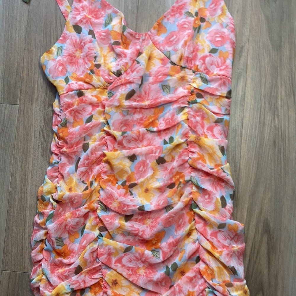 Lily Rose tie straps floral print rouched dress w ruffle S XL jrs - Picture 6 of 17
